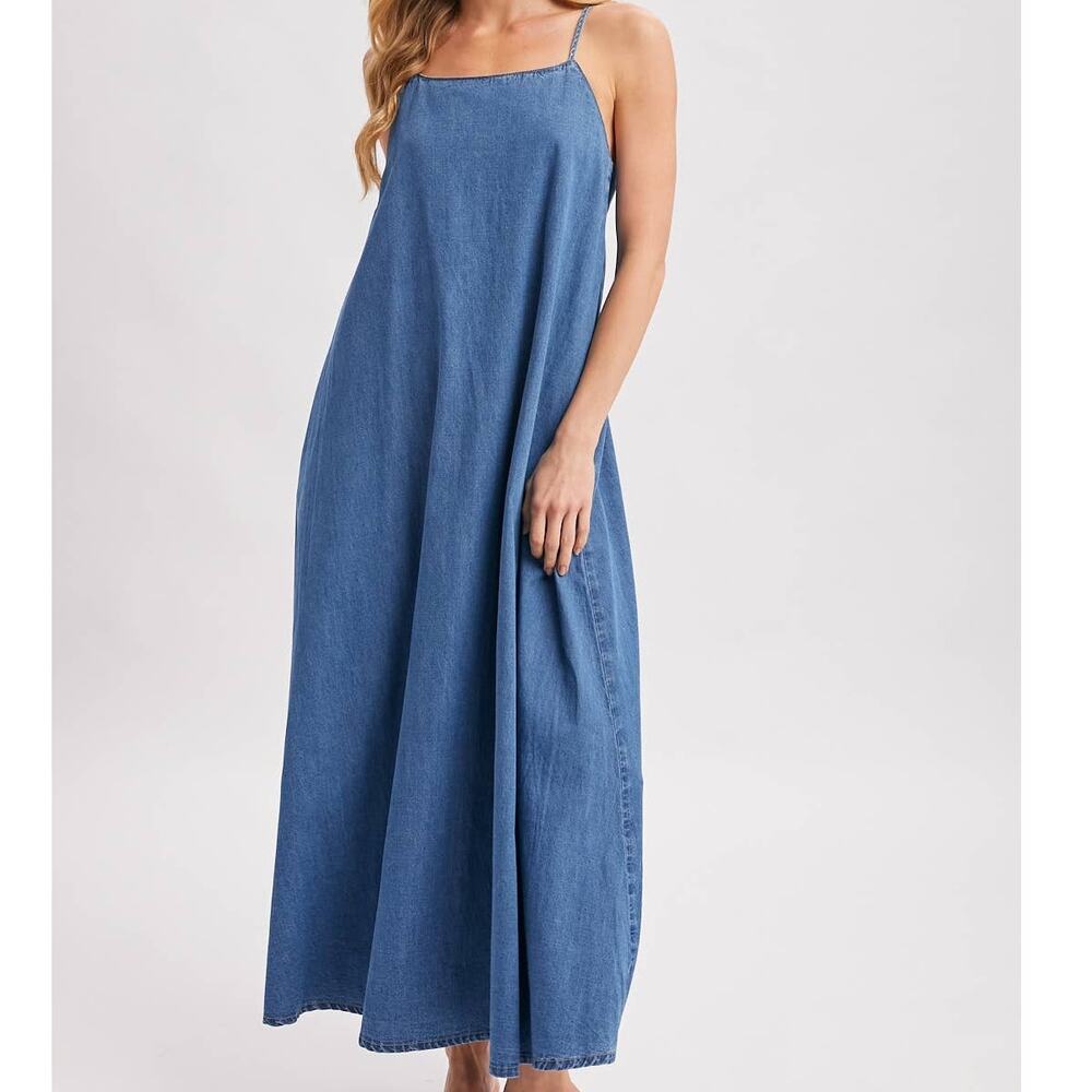 Denim Chambray Open Back Maxi Dress - Sleeveless Tent Dress with Pockets - Picture 7 of 10